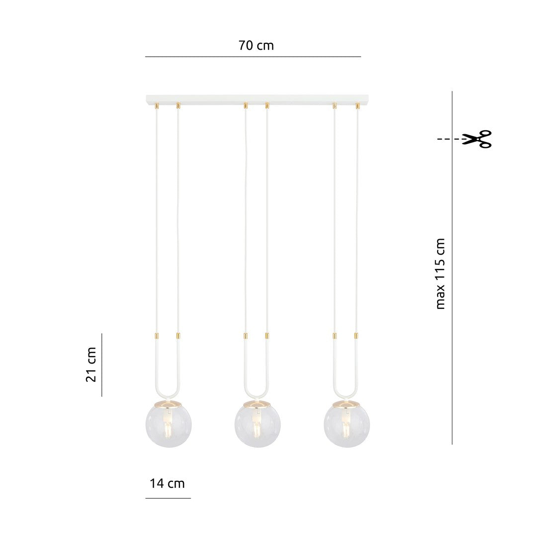 Hanglamp 3 lichtpunten gepoedercoat staal en glas, retro Glam wit met transparante kappen, 70 x 115 cm