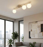 Plafondlamp gepoedercoat staal en glas Kairo, beige met witte glazen kappen, 3 lichts, 87 x 29 cm