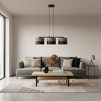 Hanglamp gepoedercoat staal Karbon minimalistisch zwart en bruin, 3 lichtpunten, stoffen kappen Ø 20 cm, eettafel