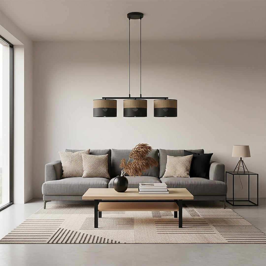 Hanglamp gepoedercoat staal Karbon minimalistisch zwart en bruin, 3 lichtpunten, stoffen kappen Ø 20 cm, eettafel