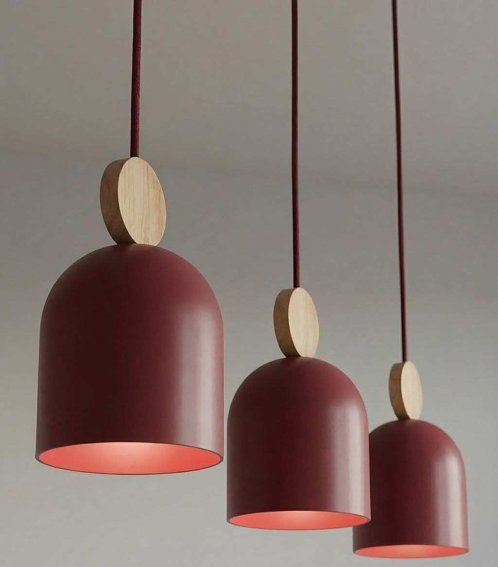 Hanglamp 3-lichts gepoedercoat staal met hout, Scandinavisch Mesi, bordeaux, 66 cm, voor keukeneiland