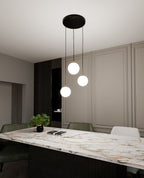 Hanglamp 3 lichts gepoedercoat staal en glas retro zwart met goud, witte glazen kappen Ø 14 cm