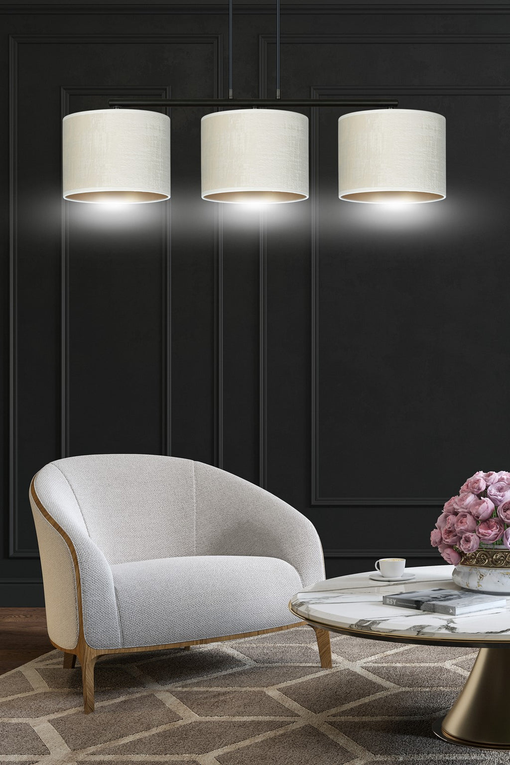 Hanglamp gepoedercoat staal en stof Hilde, zwart met witte kappen, 3 lichts, breedte 72 cm, eetkamer