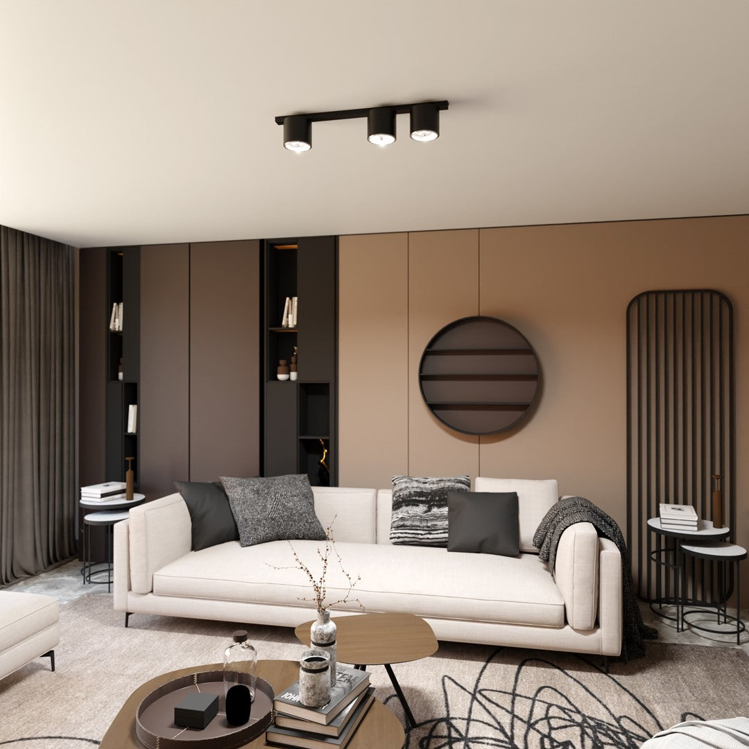 Plafondlamp staal minimalistisch Nano mat zwart, 3 spots, 70 cm breed, voor woonkamer, eetkamer en kantoor