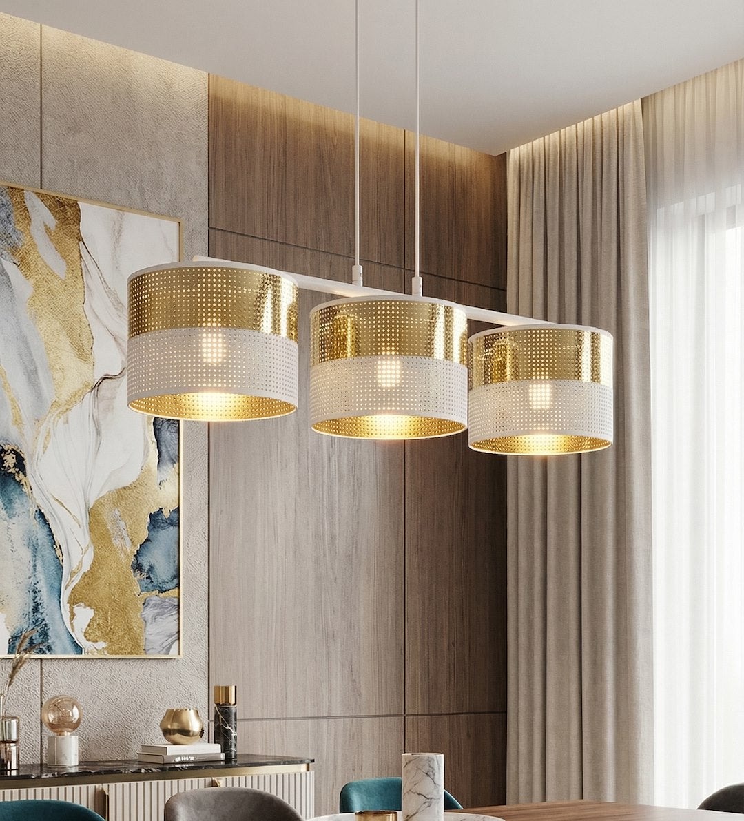 Hanglamp gepoedercoat staal met stoffen kap, Lux, wit en goud, 3 lichts, kap Ø 20 cm, breedte 70 cm