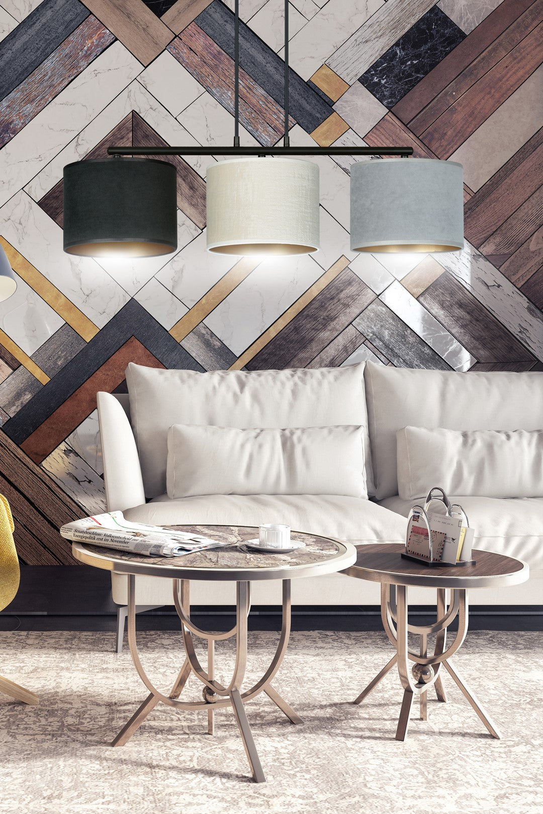 Hanglamp gepoedercoat staal en stof Hilde, zwart frame met zwarte, witte en grijze kap, 3 lichts, 72 cm breed