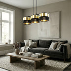 Hanglamp gepoedercoat staal en stof, modern Lux zwart met goud, kap Ø 20 cm, 3 lichts, voor eettafel en keukeneiland