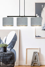 Hanglamp gepoedercoat staal en stof Hilde, minimalistisch, zwart met grijze kappen, 72 x 100 cm, 3 lichtpunten