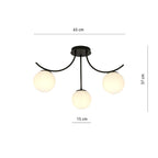 Plafondlamp gepoedercoat staal en glas Boston, zwart met wit glas, 3 lichtpunten E14, 70 cm breed