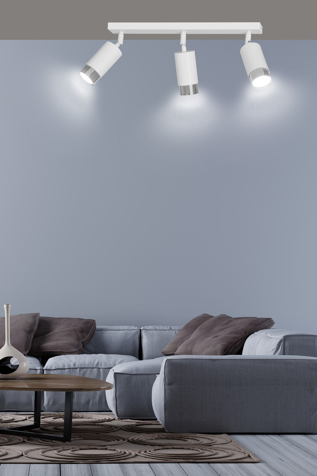 Plafondlamp 3 spots gepoedercoat staal, modern, Hiro wit met zilverkleurige accenten, 45 cm breed