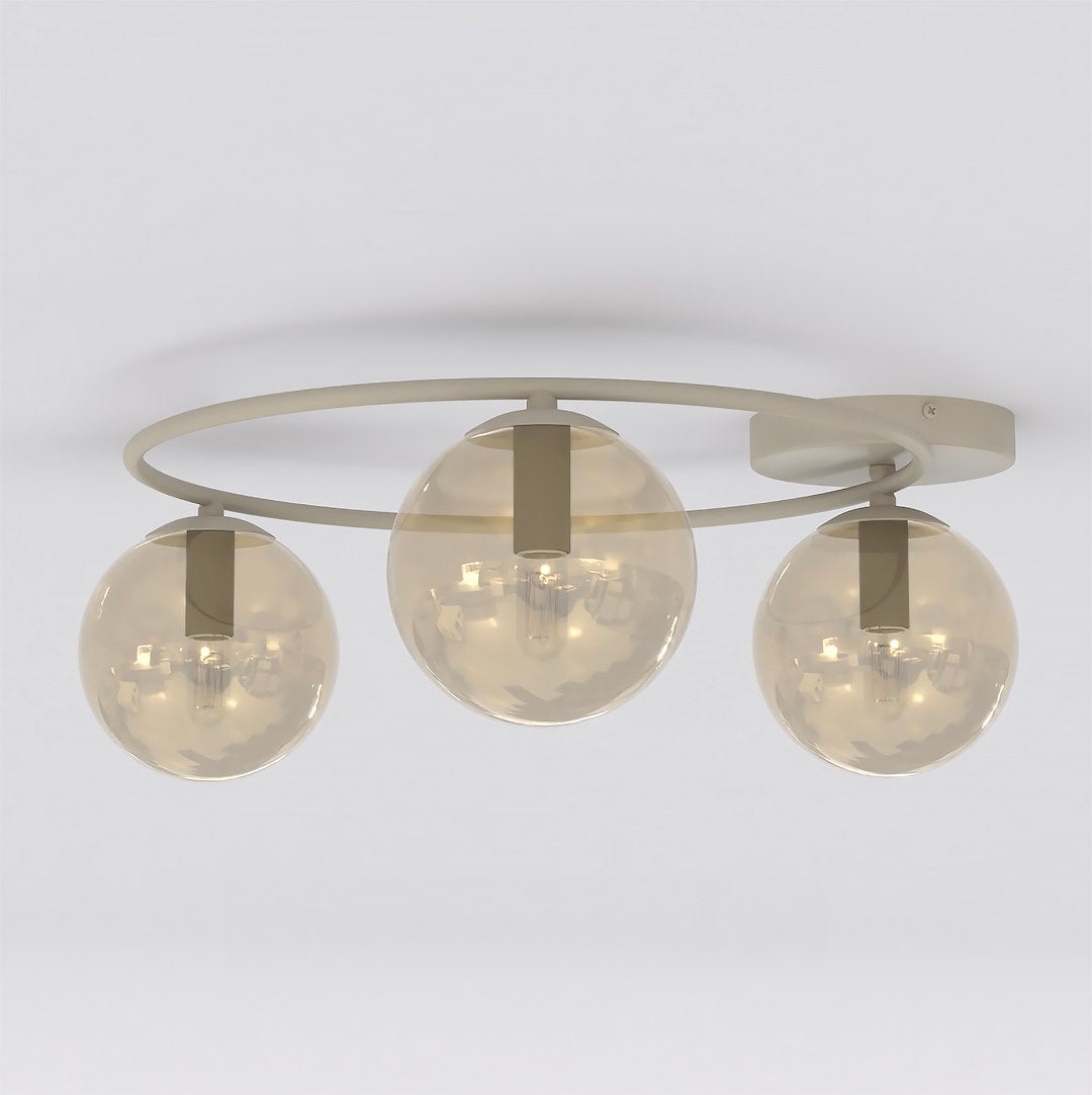 Plafondlamp gepoedercoat staal en glas Sopra, beige met amber glazen kappen, 3 lichtpunten, woonkamer, slaapkamer en hal