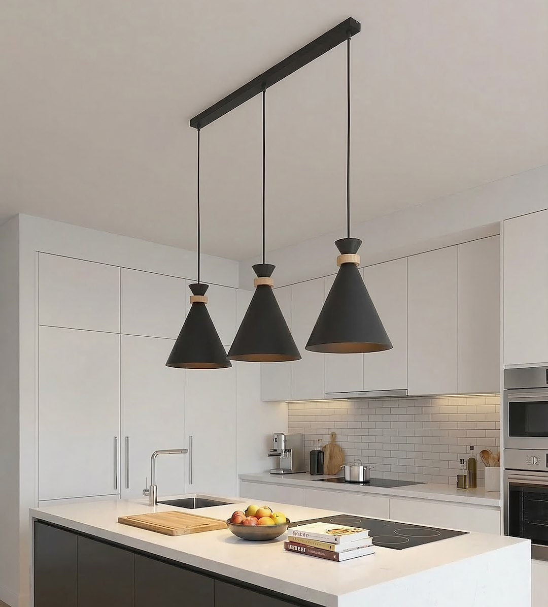 Hanglamp 3 lichts gepoedercoat staal en hout, Scandinavisch Zero, zwart, 78 cm, boven eettafel of keukeneiland