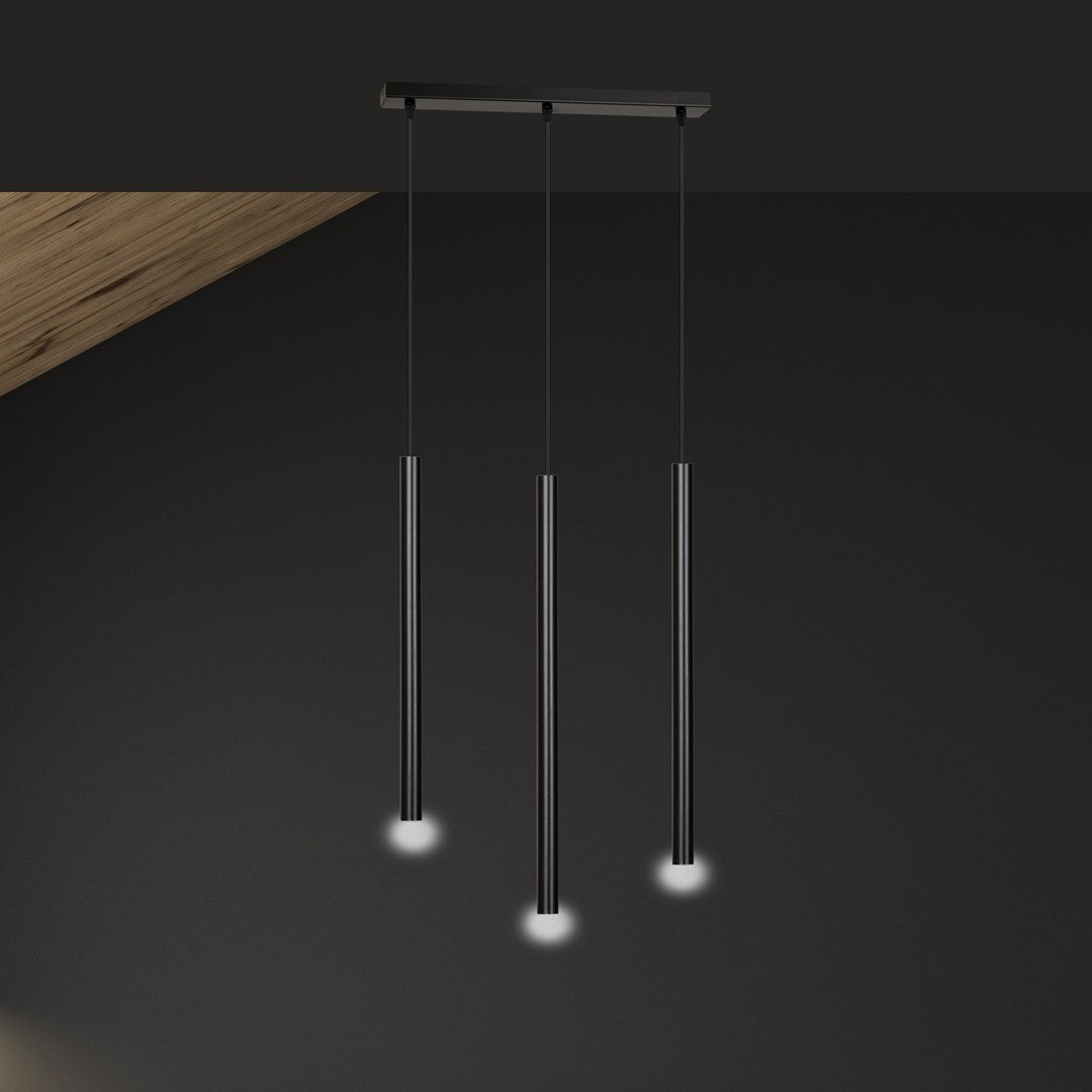 Hanglamp Selter 3 lichts gepoedercoat staal, minimalistisch, zwart, 45 x 120 cm, voor eetkamer of hal