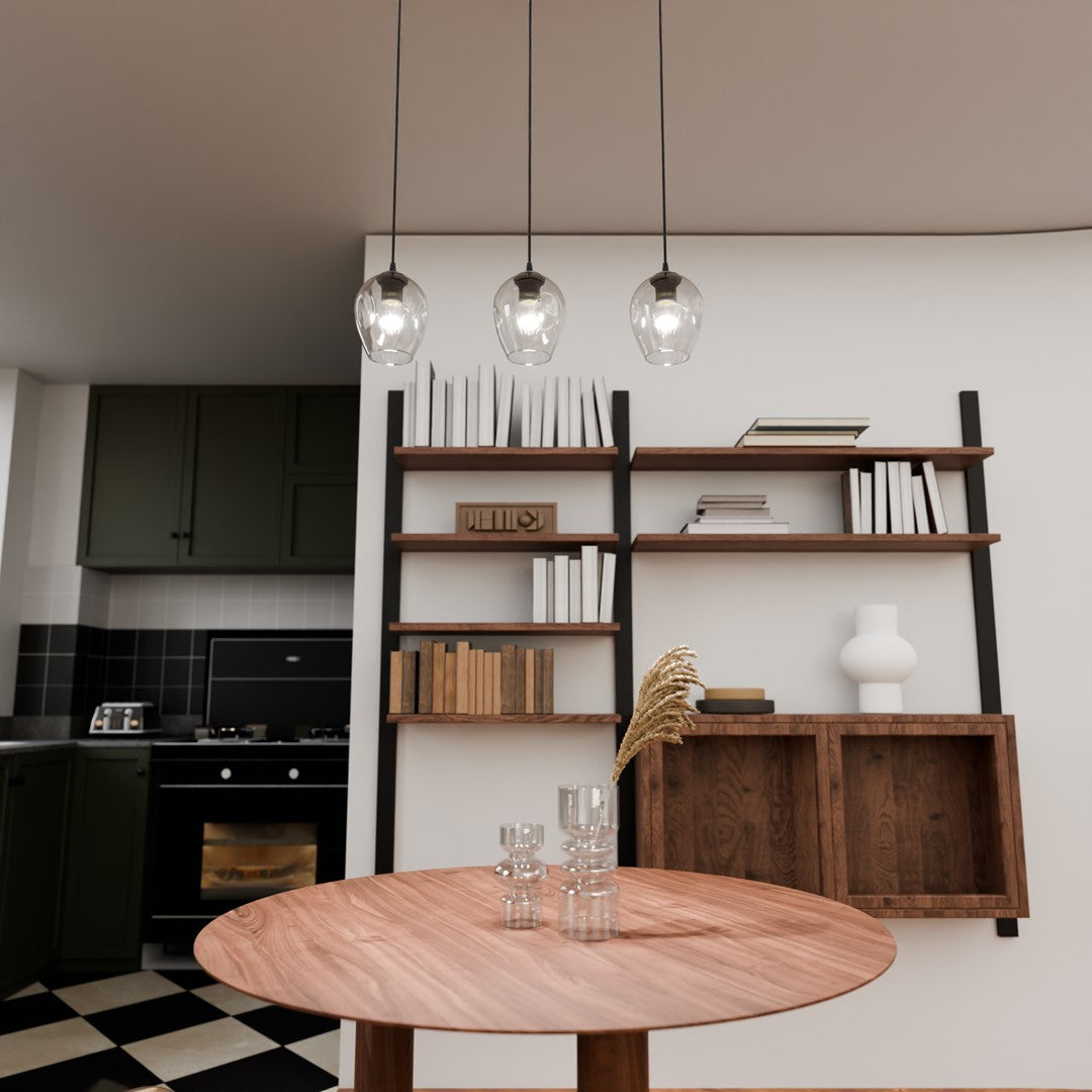 Hanglamp gepoedercoat staal en glas Istar, zwart met transparante kappen, 3 lichts, 70 x 100 cm