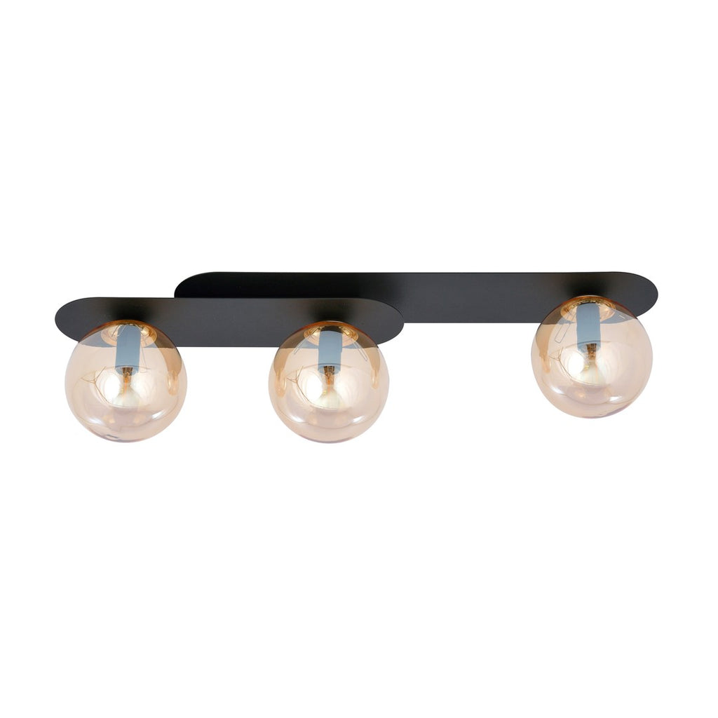 Plafondlamp gepoedercoat staal en glas Plaza, zwart met amberkleurige kappen, 3 lichtpunten, 70 x 18 cm