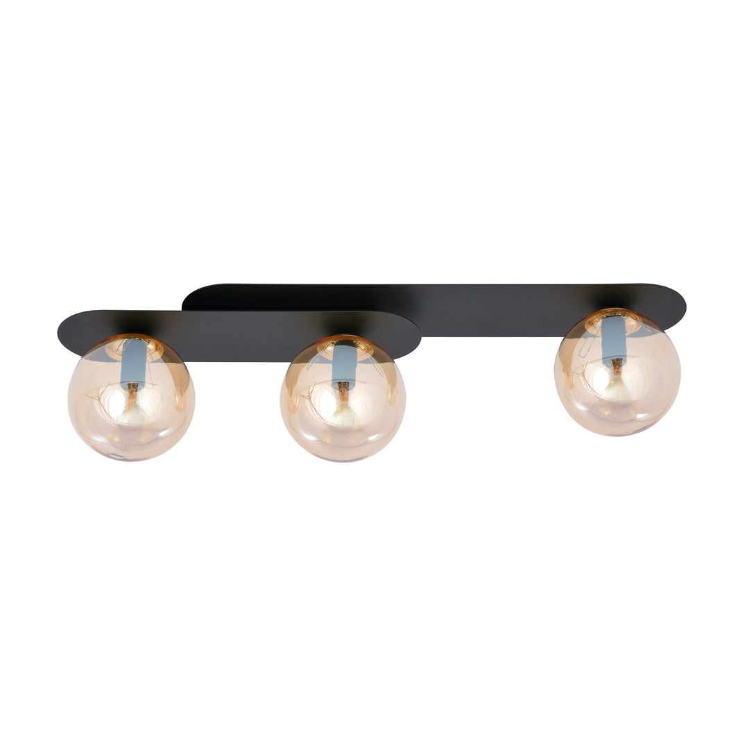 Plafondlamp gepoedercoat staal en glas Plaza, zwart met amberkleurige kappen, 3 lichtpunten, 70 x 18 cm