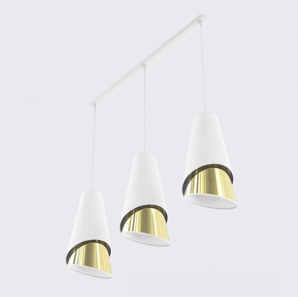 Hanglamp 3-lichts gepoedercoat staal met stoffen kap, modern, wit en goud, 95 cm, voor woonkamer en eetkamer