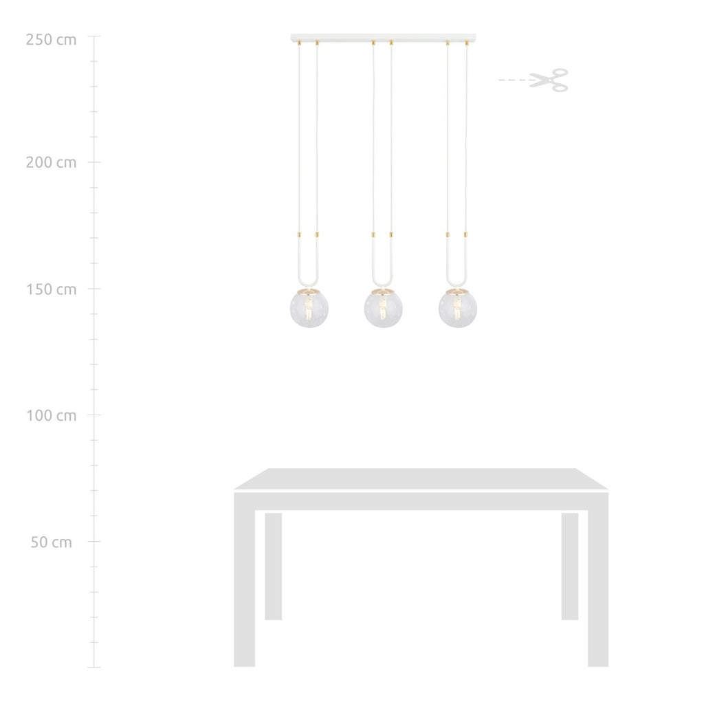 Hanglamp 3 lichtpunten gepoedercoat staal en glas, retro Glam wit met transparante kappen, 70 x 115 cm