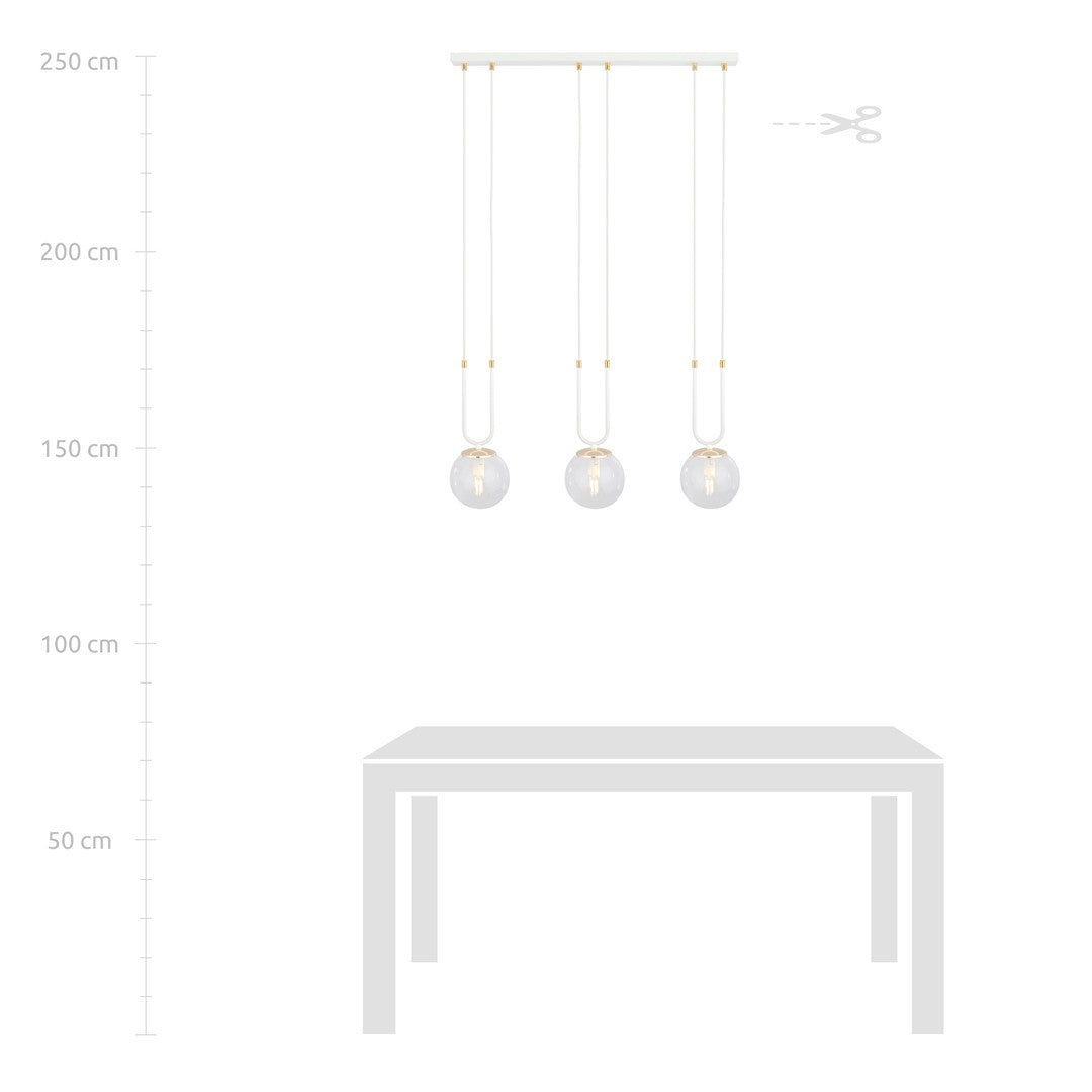 Hanglamp 3 lichtpunten gepoedercoat staal en glas, retro Glam wit met transparante kappen, 70 x 115 cm