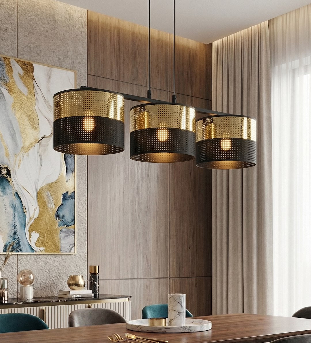 Hanglamp gepoedercoat staal en stof, modern Lux zwart met goud, kap Ø 20 cm, 3 lichts, voor eettafel en keukeneiland