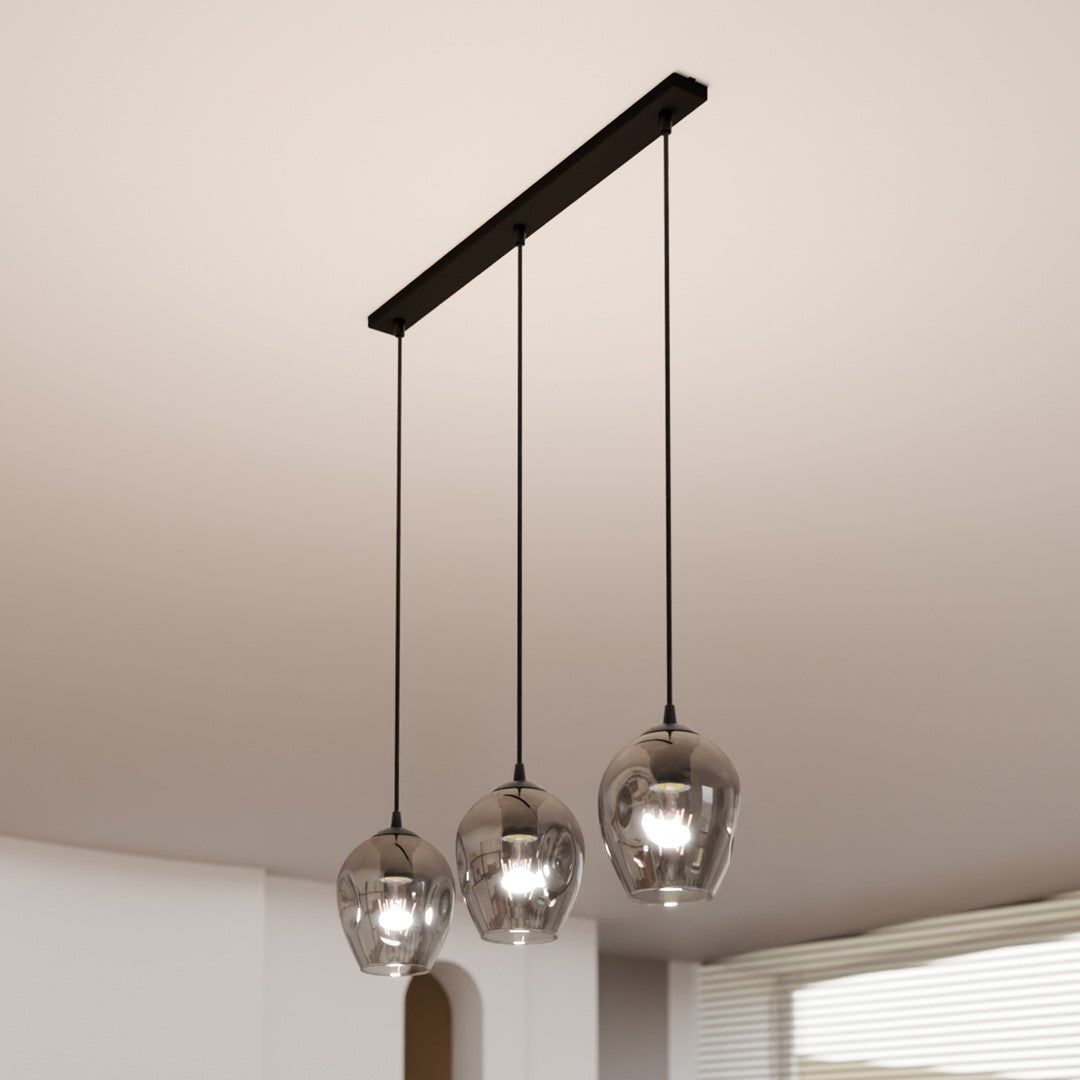 Hanglamp 3 lichts gepoedercoat staal en glas, modern Istar, zwart met grafiet kappen, 70 x 100 cm, E27