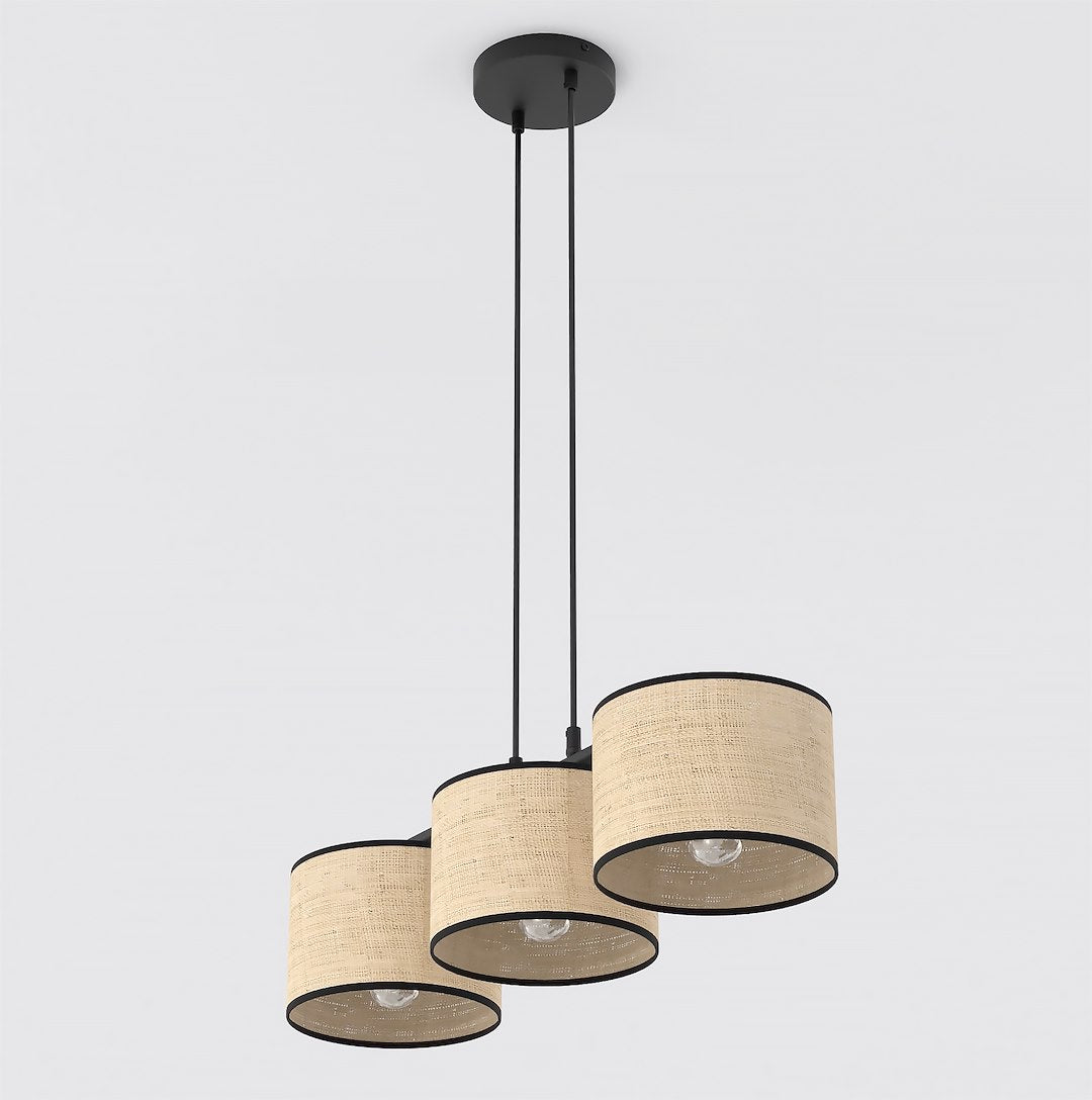 Hanglamp 3-lichts rotan gepoedercoat staal minimalistisch Eco zwart, kap Ø 20 cm – 70 cm breed, eettafel en kookeiland