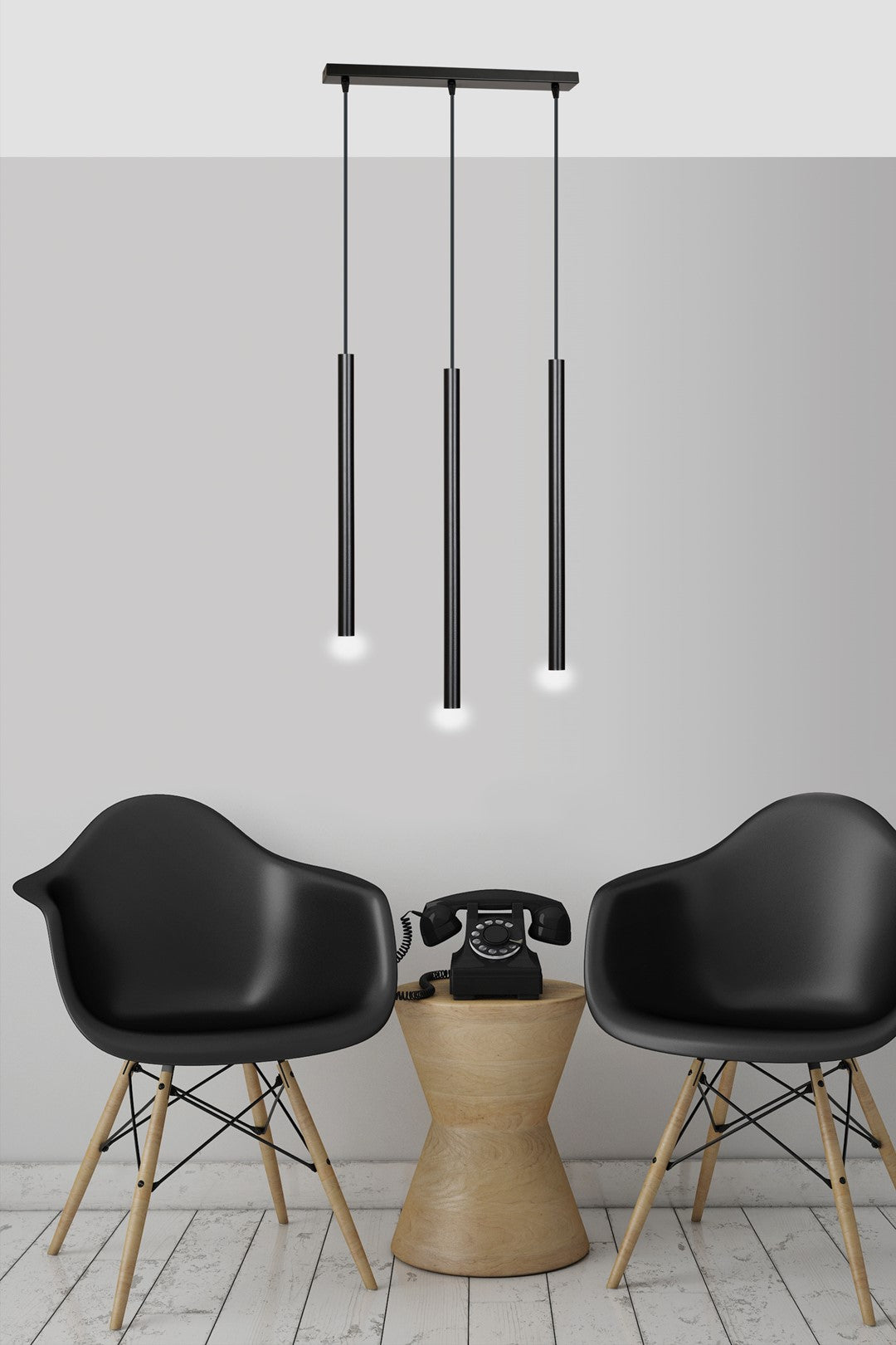 Hanglamp Selter 3 lichts gepoedercoat staal, minimalistisch, zwart, 45 x 120 cm, voor eetkamer of hal