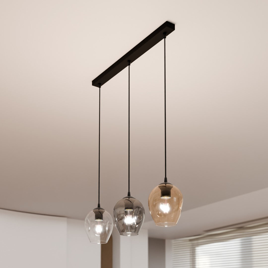 Hanglamp 3-lichts gepoedercoat staal en glas, Istar, zwart met amber, grafiet en transparant glas, 70 x 100 cm