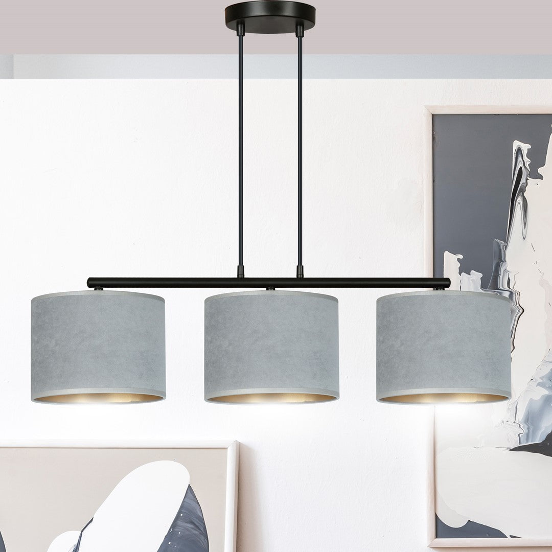 Hanglamp gepoedercoat staal en stof Hilde, minimalistisch, zwart met grijze kappen, 72 x 100 cm, 3 lichtpunten
