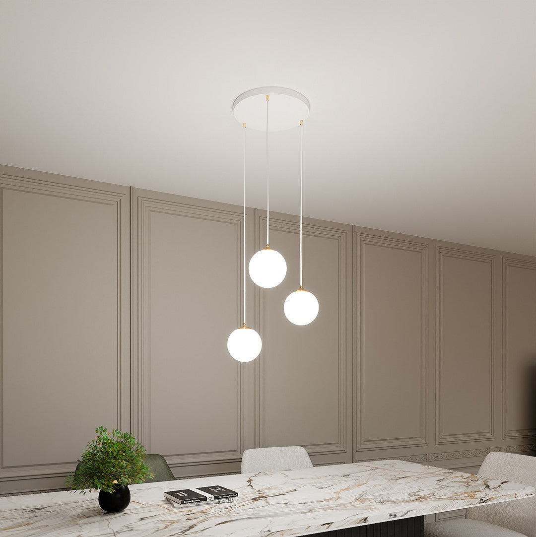 Hanglamp staal en glas Royal retro wit met goud, 3 lampen, kap Ø 14 cm, voor eettafel, keuken of woonkamer