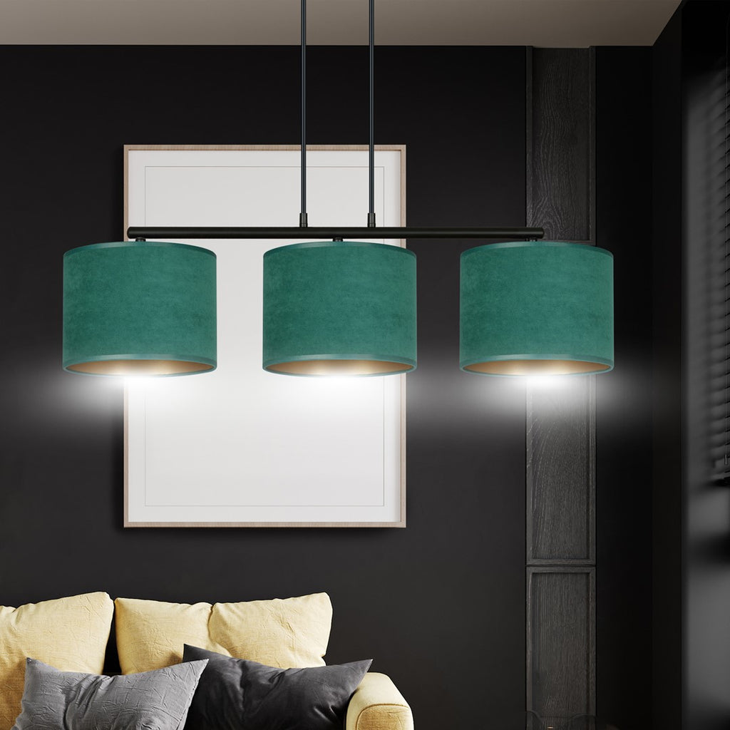 Hanglamp gepoedercoat staal en stof Hilde minimalistisch groen met 3 kappen, 72 x 100 cm, eettafel keuken hal