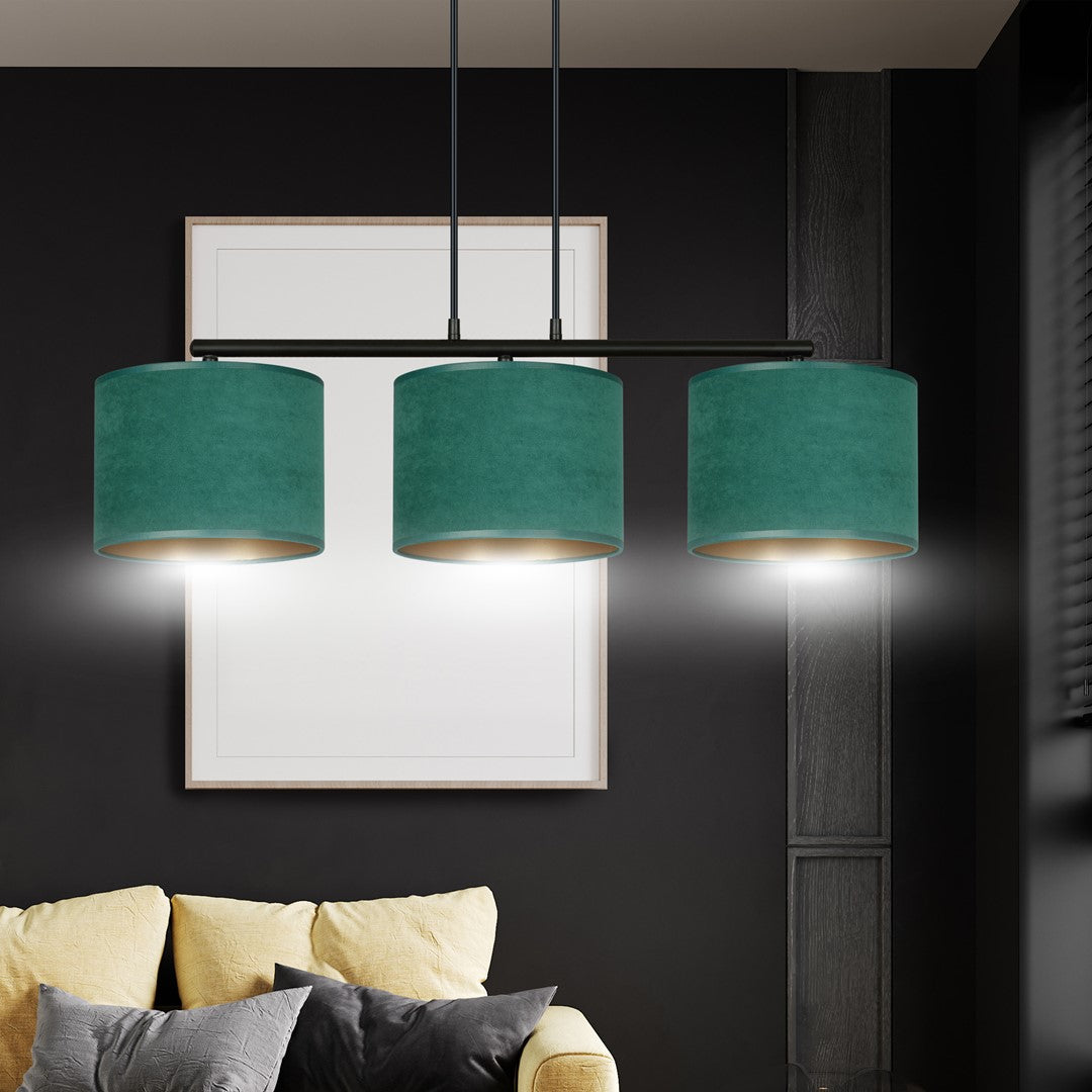 Hanglamp gepoedercoat staal en stof Hilde minimalistisch groen met 3 kappen, 72 x 100 cm, eettafel keuken hal