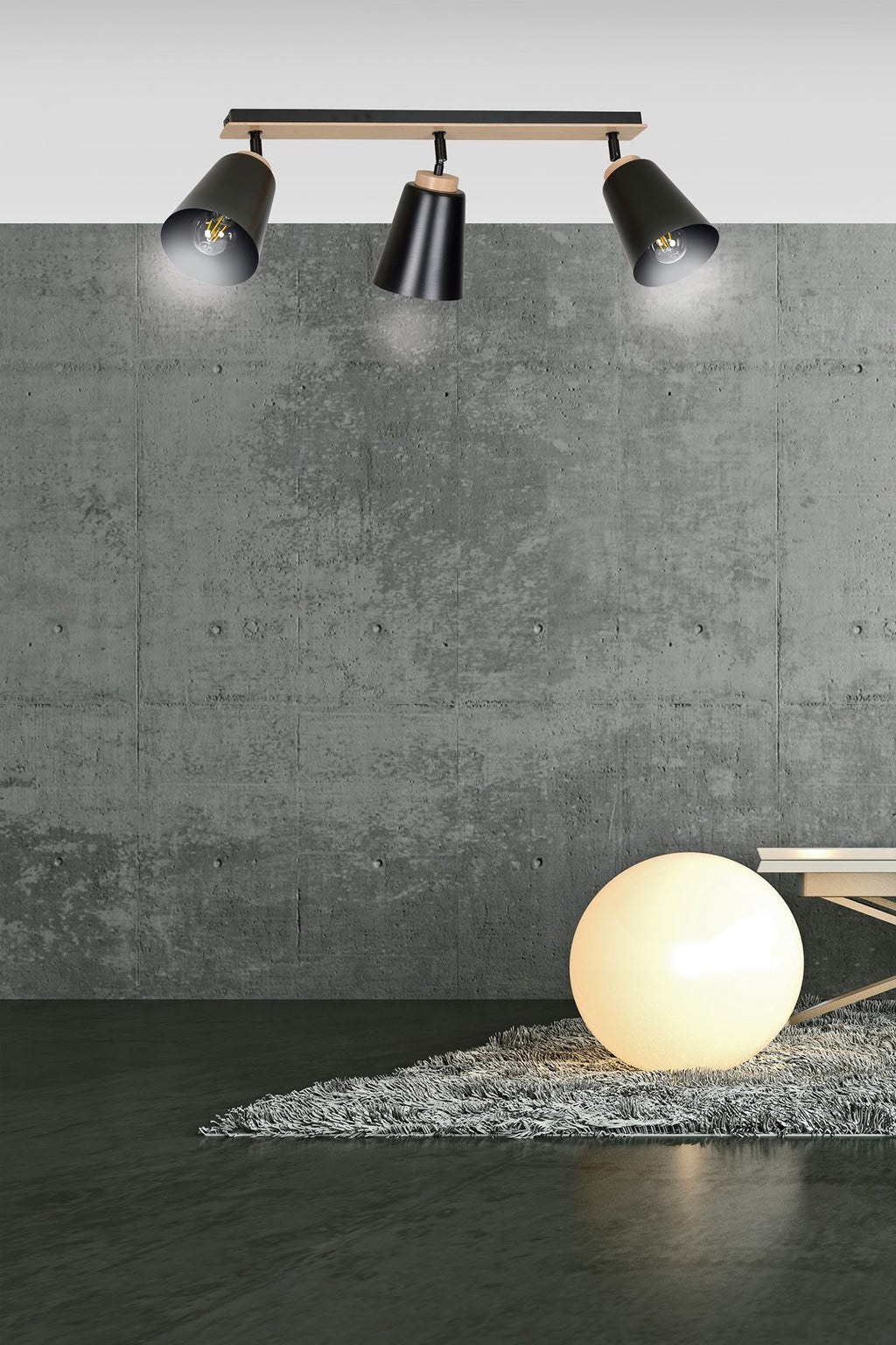 Plafondlamp 3 spots gepoedercoat staal en multiplex, Atlas Scandinavisch zwart, 3 x E27, woonkamer