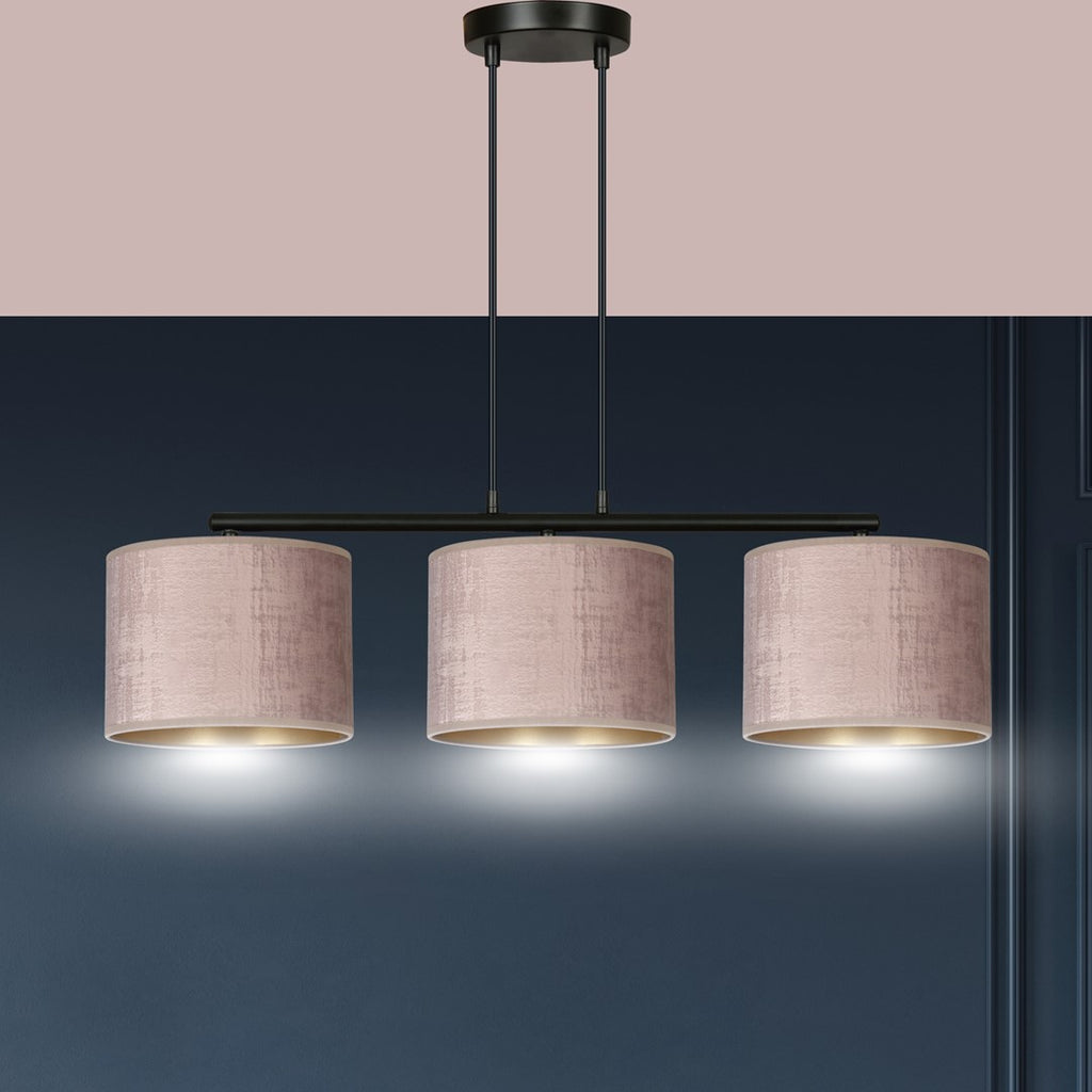 Hanglamp Hilde 3-lichts gepoedercoat staal met stoffen kappen, roze en zwart – 72 x 100 cm, eettafel