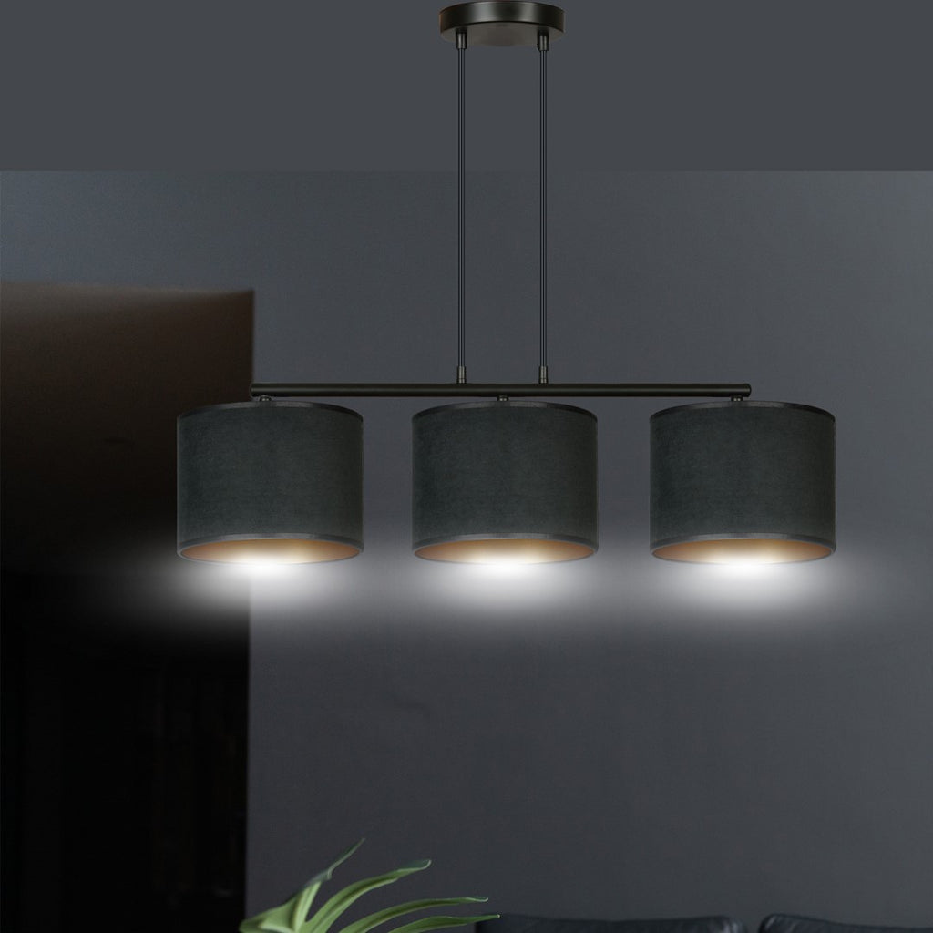 Hanglamp gepoedercoat staal en stof Hilde, zwart met gouden binnenkant, 3 kappen Ø 20 cm, minimalistisch, eetkamer