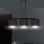 Hanglamp gepoedercoat staal en stof Hilde, zwart met gouden binnenkant, 3 kappen Ø 20 cm, minimalistisch, eetkamer