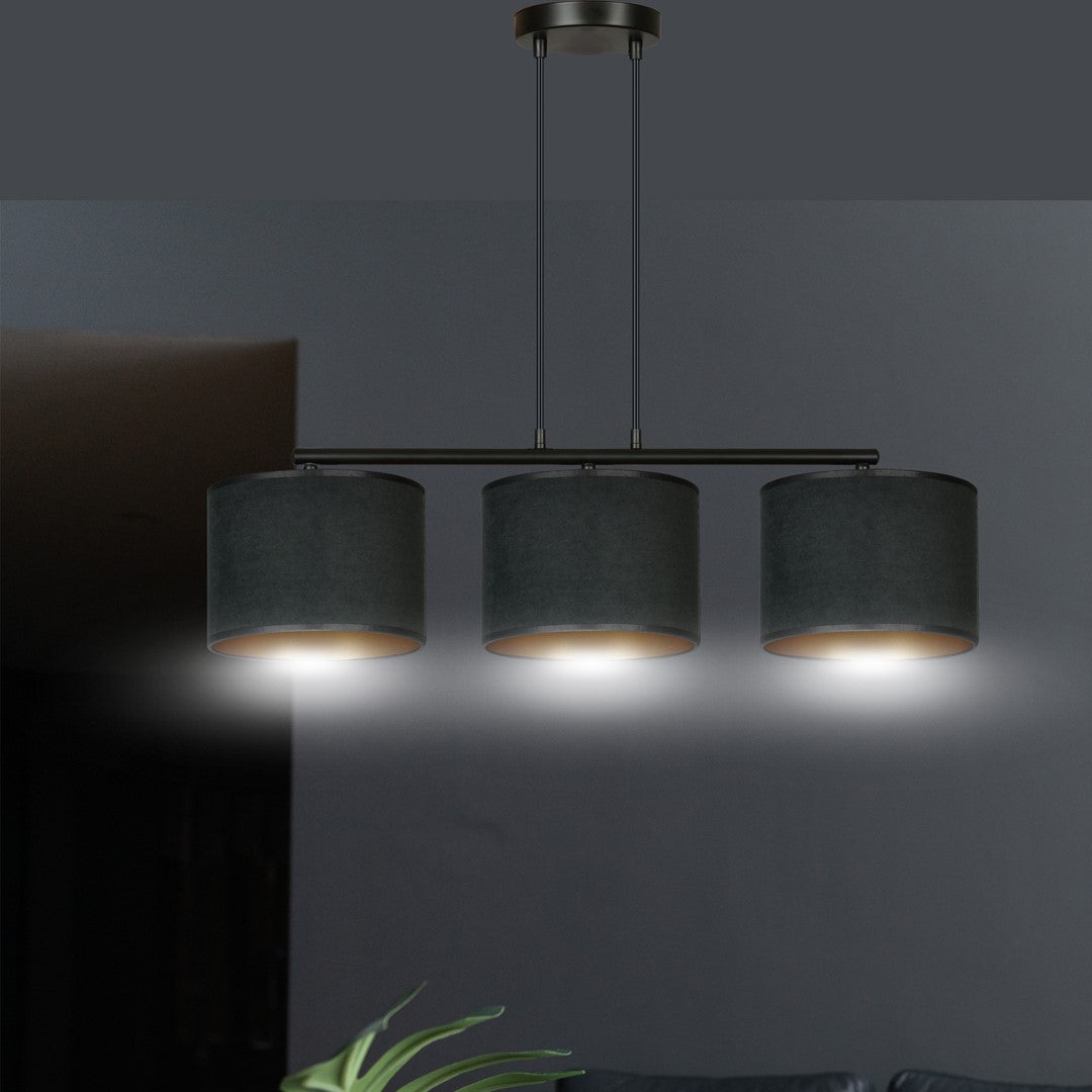 Hanglamp gepoedercoat staal en stof Hilde, zwart met gouden binnenkant, 3 kappen Ø 20 cm, minimalistisch, eetkamer