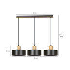 Hanglamp gepoedercoat staal en hout Torin, zwart, 3 lichts, 80 x 100 cm, verstelbare hoogte, woonkamer en eetkamer