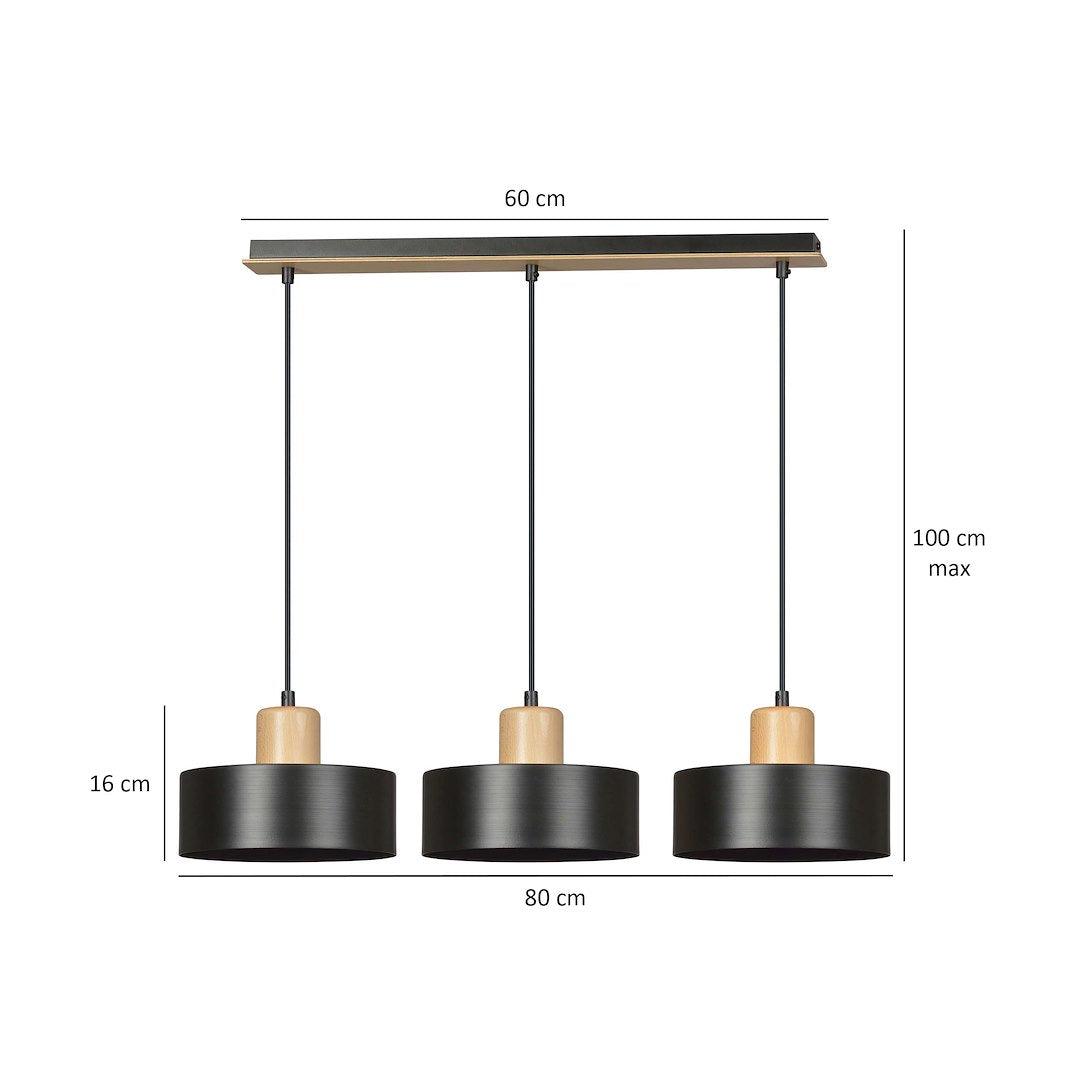 Hanglamp gepoedercoat staal en hout Torin, zwart, 3 lichts, 80 x 100 cm, verstelbare hoogte, woonkamer en eetkamer