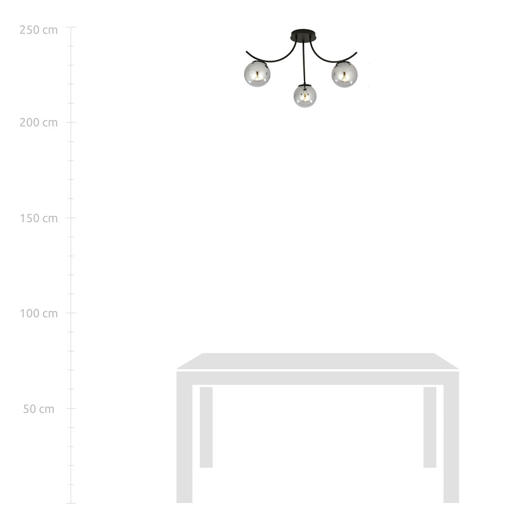 Plafondlamp gepoedercoat staal en glas Boston, zwart met grafiet kappen, 3 lichtpunten, 70 x 37 cm