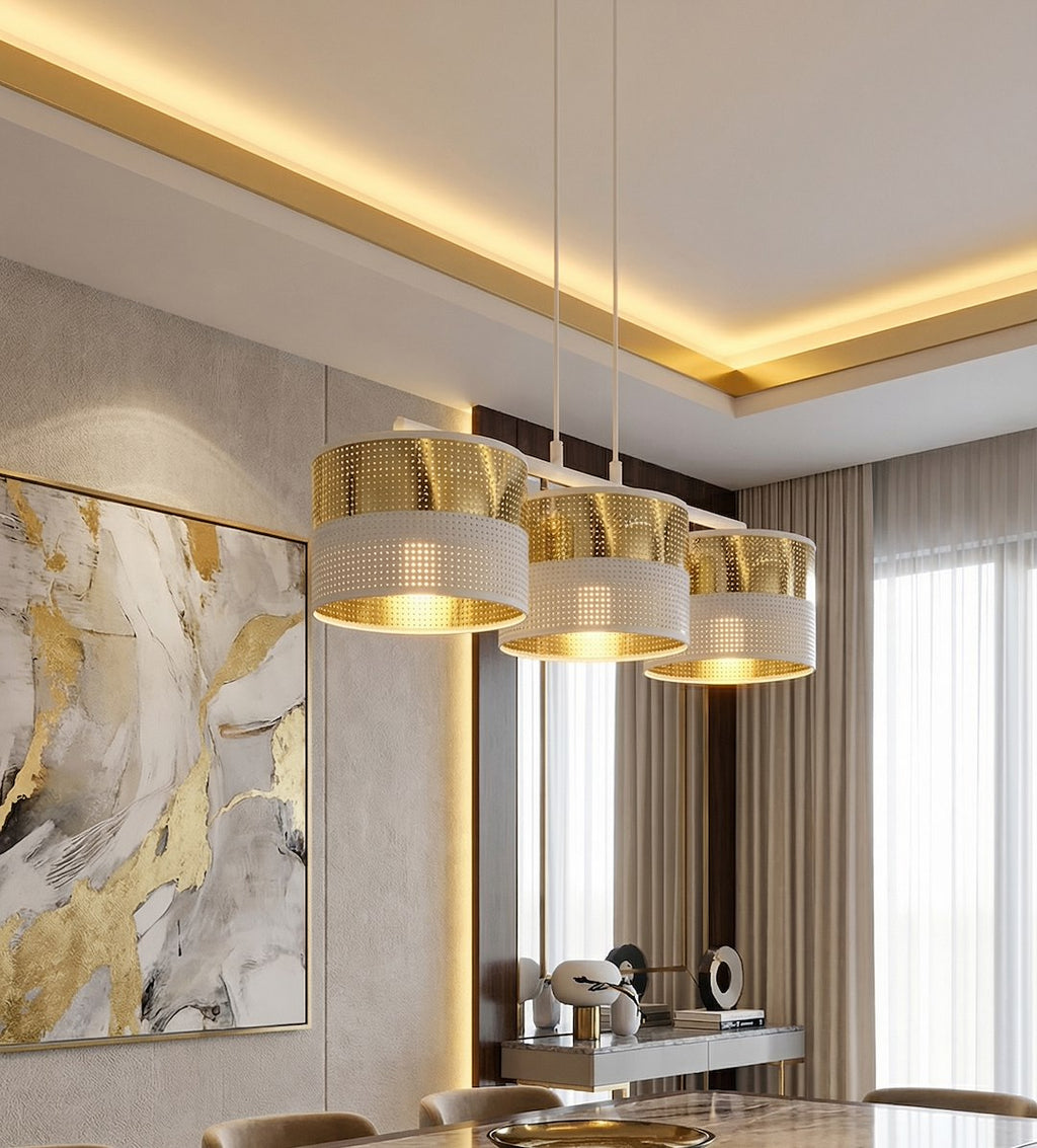 Hanglamp gepoedercoat staal met stoffen kap, Lux, wit en goud, 3 lichts, kap Ø 20 cm, breedte 70 cm