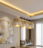 Hanglamp gepoedercoat staal met stoffen kap, Lux, wit en goud, 3 lichts, kap Ø 20 cm, breedte 70 cm