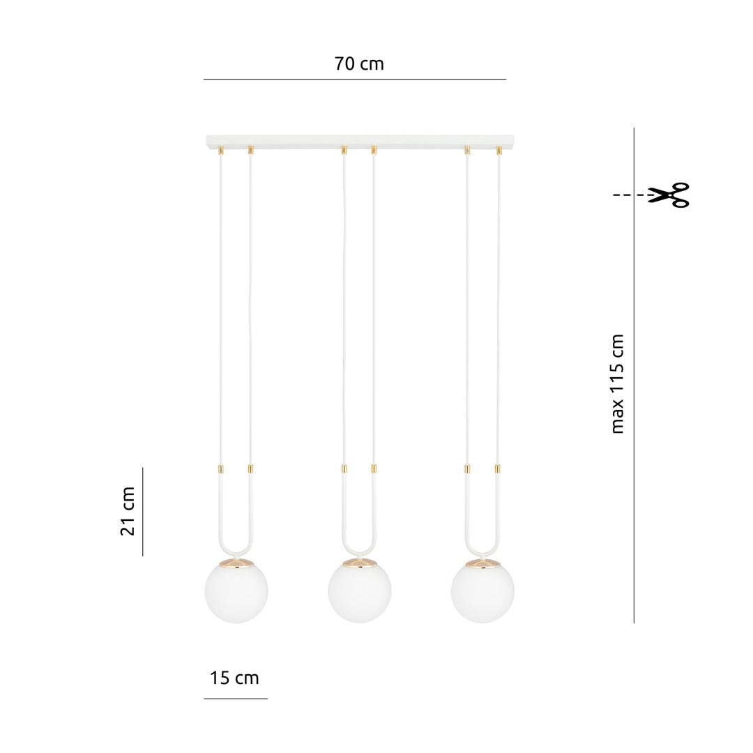 Hanglamp gepoedercoat staal en glas Glam, wit met goudkleurige accenten, 3 lichts, 70 x 115 cm, verstelbaar