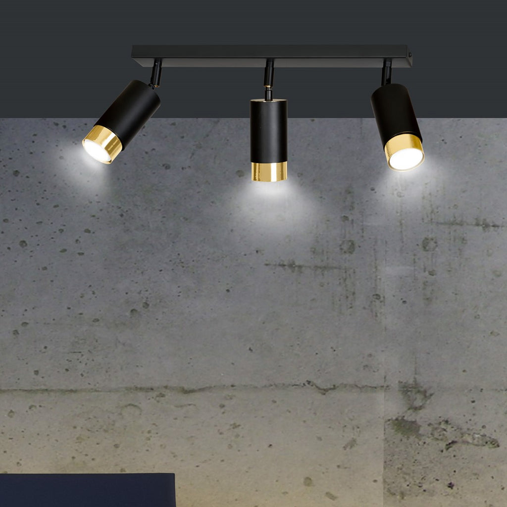 Plafondlamp gepoedercoat staal Hiro modern zwart goud 45 cm breed, 3 richtbare spots voor hal en keuken