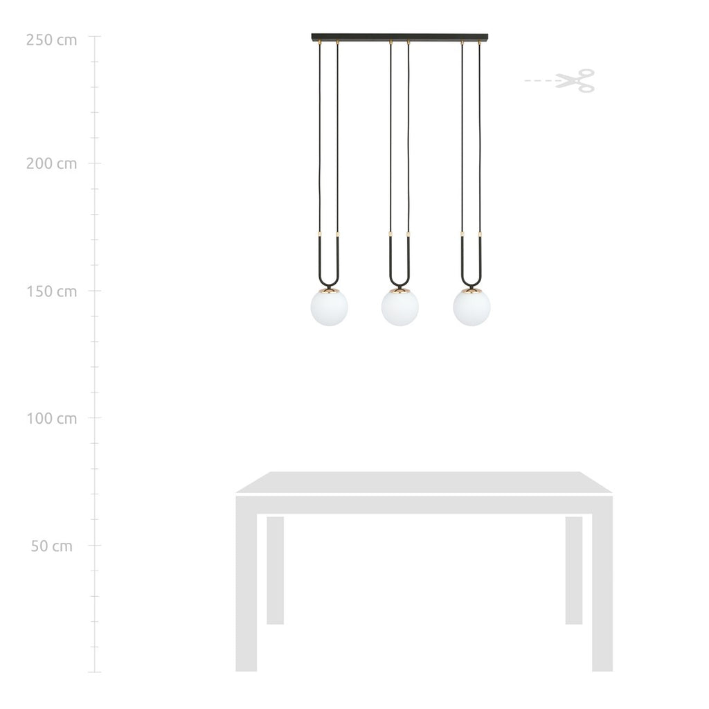 Hanglamp 3-lichts gepoedercoat staal en glas, retro Glam, zwart met witte glazen kappen Ø 15 cm, verstelbare hoogte