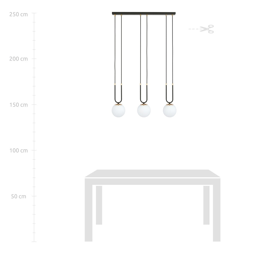 Hanglamp 3-lichts gepoedercoat staal en glas, retro Glam, zwart met witte glazen kappen Ø 15 cm, verstelbare hoogte