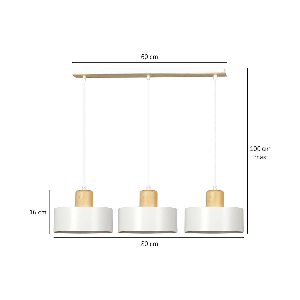 Hanglamp 3-lichts gepoedercoat staal en hout, Scandinavisch Torin, wit – 80 x 100 cm, voor woonkamer en eetkamer