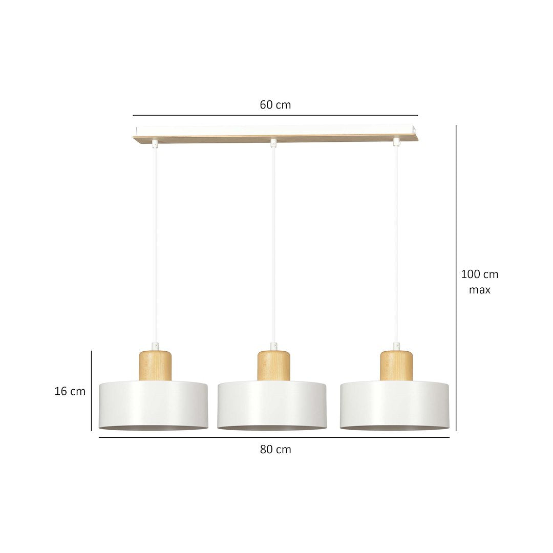 Hanglamp 3-lichts gepoedercoat staal en hout, Scandinavisch Torin, wit – 80 x 100 cm, voor woonkamer en eetkamer