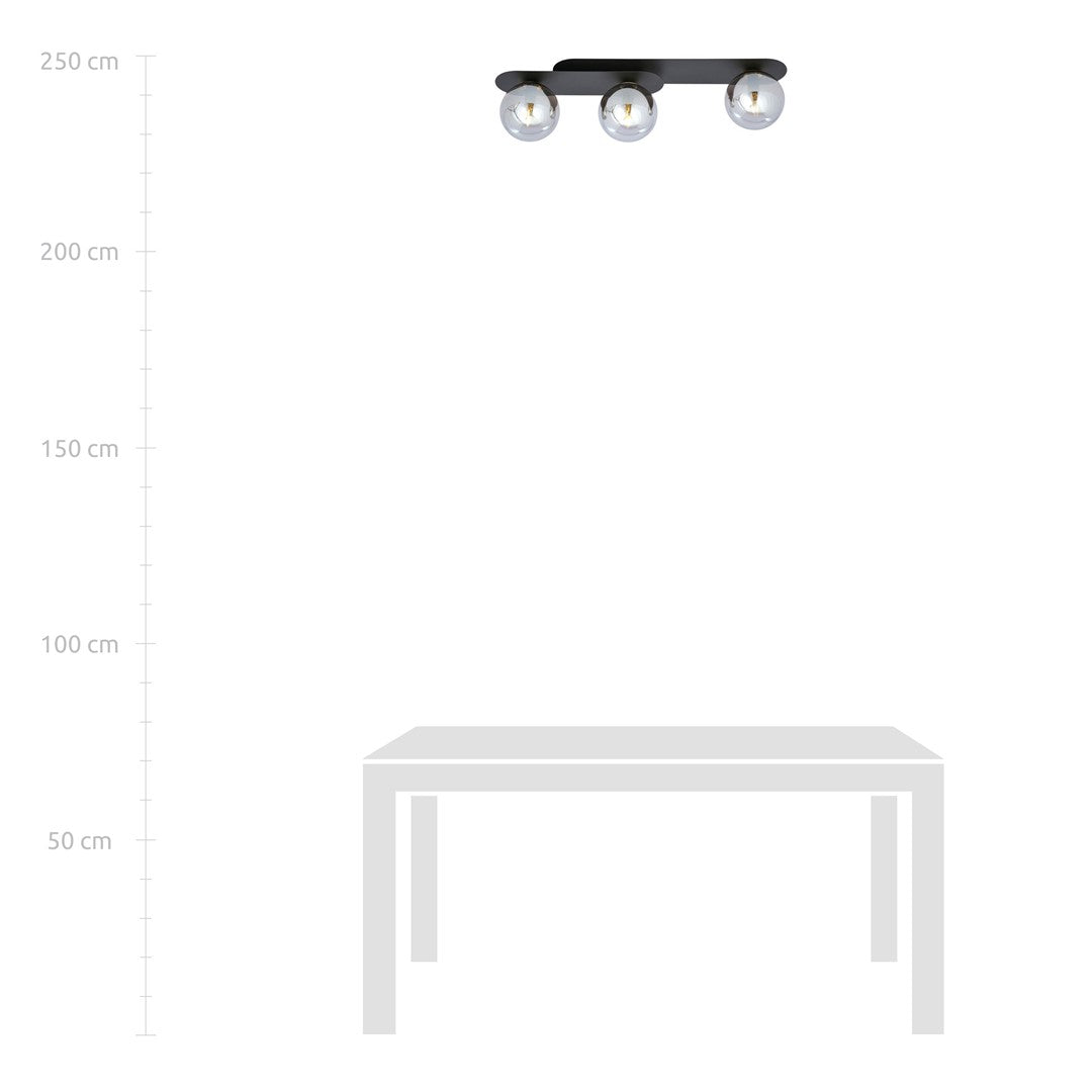 Plafondlamp gepoedercoat staal en glas Plaza, zwart met grafiet glazen kappen, 3 lichts, E14 – 70 x 18 cm