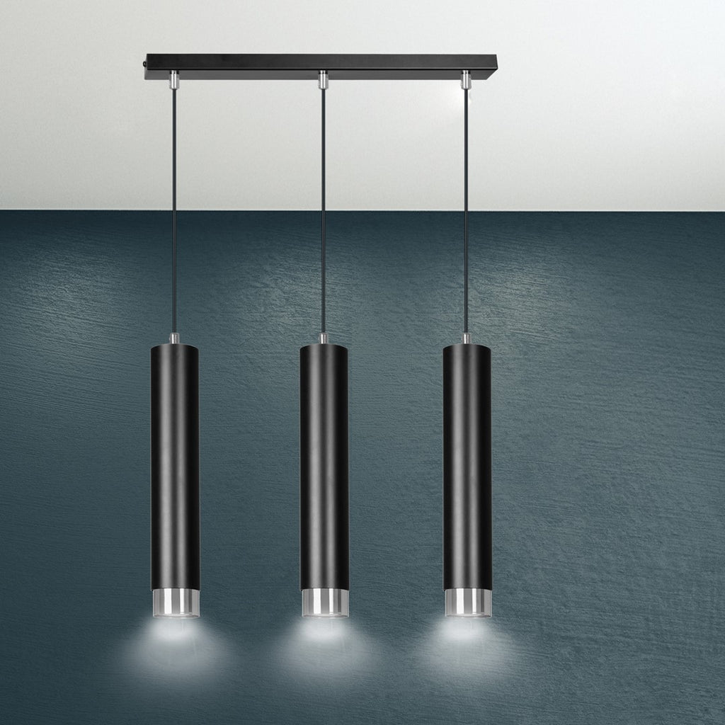 Hanglamp 3-lichts gepoedercoat staal Kibo, zwart met chroom, 45 x 100 cm, voor eettafel en woonkamer